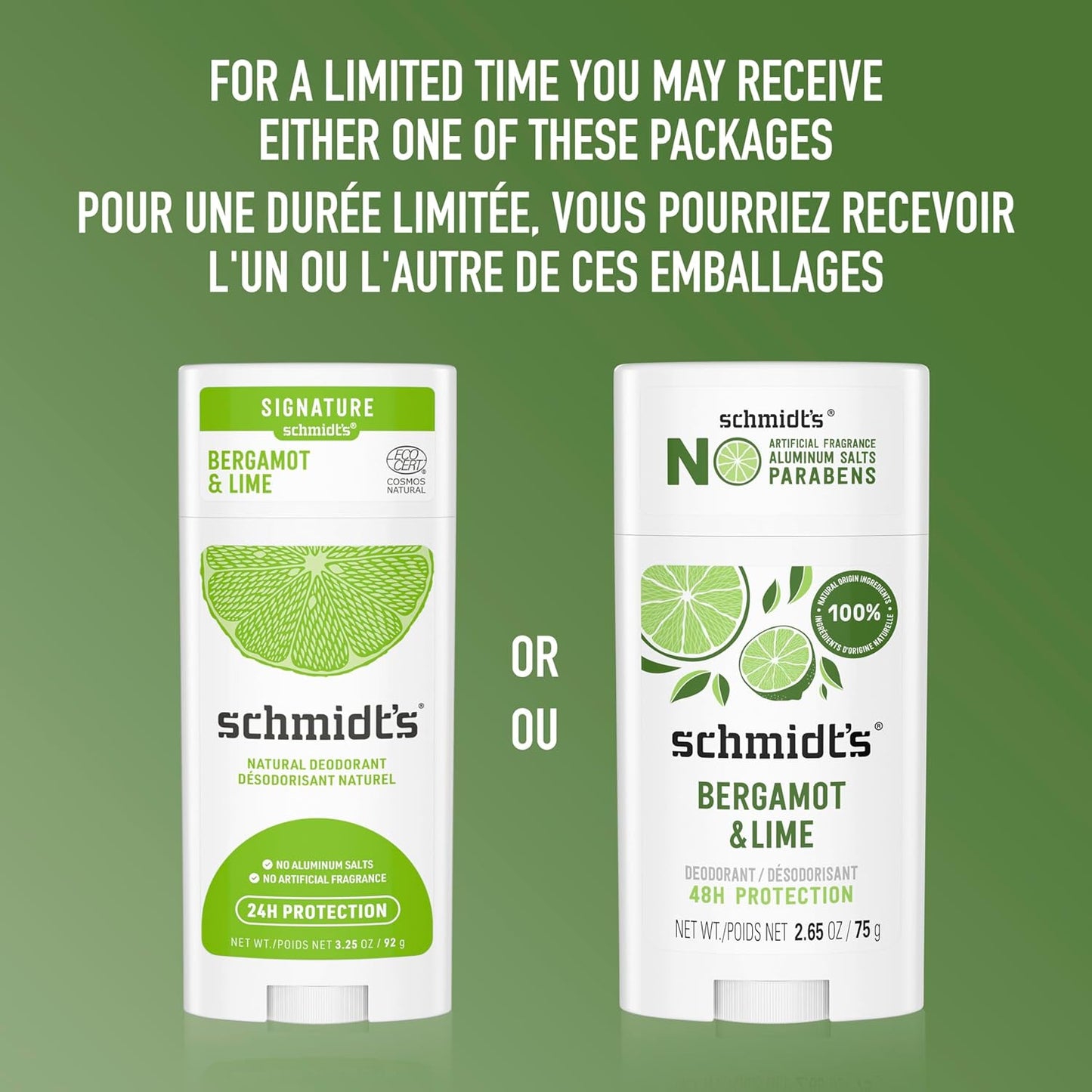 Schmidt's Aluminum-Free Vegan Deodorant Bergamot & Lime | 2.65 oz | 2-Pack