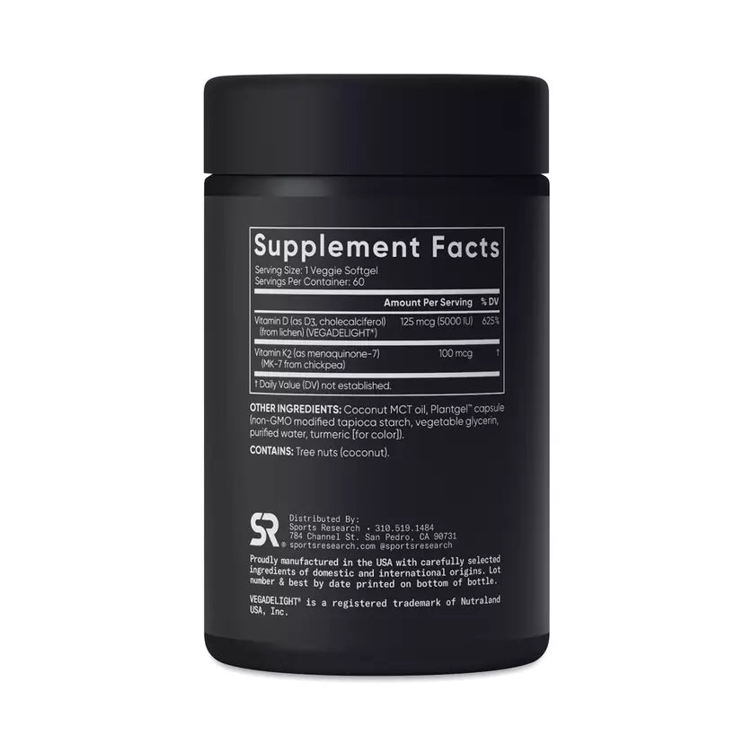 Sports Research D3 + K2, Plant-Based Vitamin D3 & K2, 60 Veggie Softgels