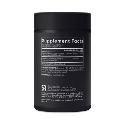 Sports Research D3 + K2, Plant-Based Vitamin D3 & K2, 60 Veggie Softgels