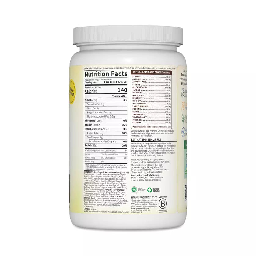 Garden of Life Raw Organic Protein Powder, Chocolate, Plant-Based Protein, 24.69 oz