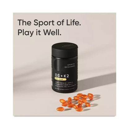 Sports Research D3 + K2, Plant-Based Vitamin D3 & K2, 60 Veggie Softgels