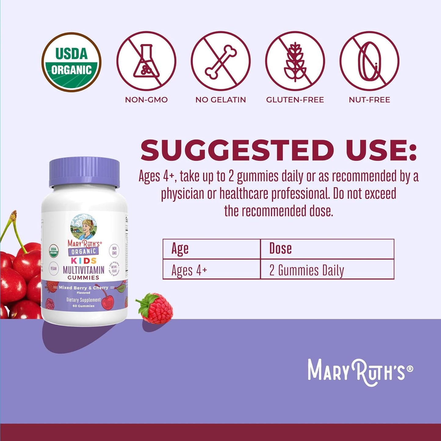 MaryRuth's Kids Organic Multivitamin Gummies | Mixed Bery & Cherry | 60 Count