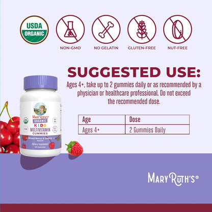 MaryRuth's Kids Organic Multivitamin Gummies | Mixed Bery & Cherry | 60 Count