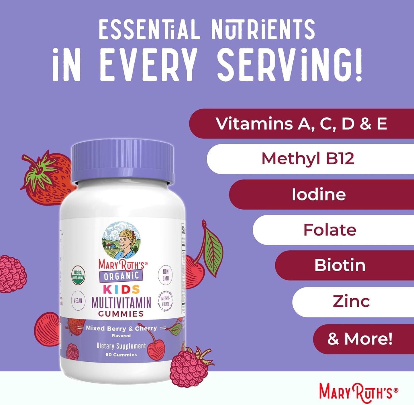 MaryRuth's Kids Organic Multivitamin Gummies | Mixed Bery & Cherry | 60 Count