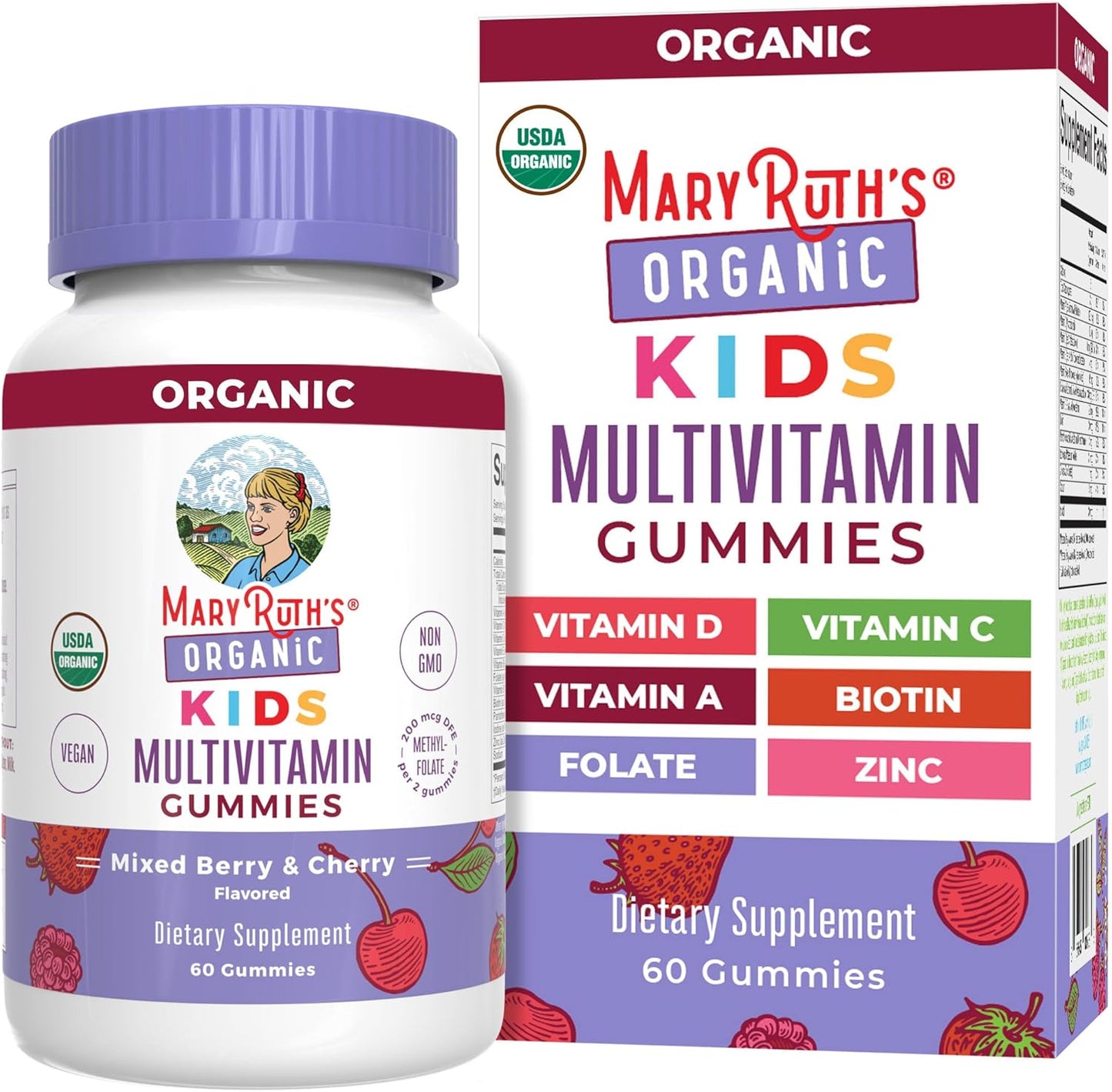 MaryRuth's Kids Organic Multivitamin Gummies | Mixed Bery & Cherry | 60 Count