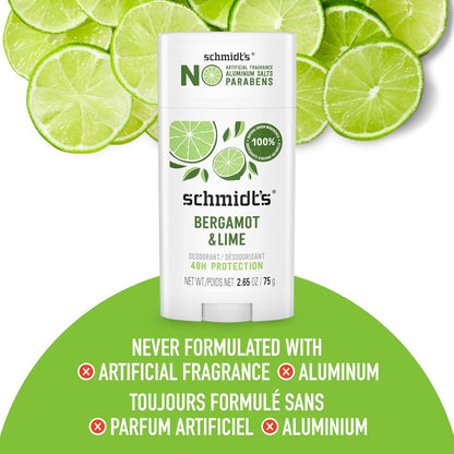 Schmidt's Aluminum-Free Vegan Deodorant Bergamot & Lime | 2.65 oz | 2-Pack