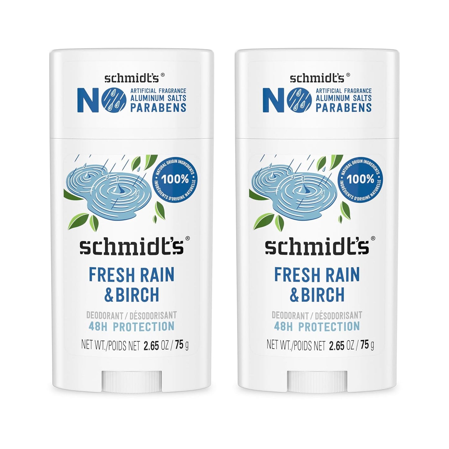 Schmidt's Aluminum-Free Vegan Deodorant Fresh Rain & Birch | 2.65 oz | 2-Pack