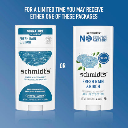 Schmidt's Aluminum-Free Vegan Deodorant Fresh Rain & Birch | 2.65 oz | 2-Pack