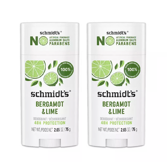 Schmidt's Aluminum-Free Vegan Deodorant Bergamot & Lime | 2.65 oz | 2-Pack