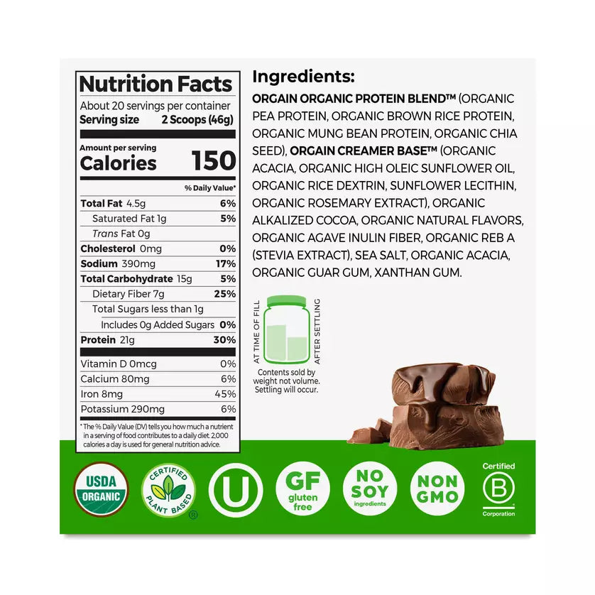 Orgain Organic Vegan Protein Powder Creamy Chocolate Fudge | 2.03 lb