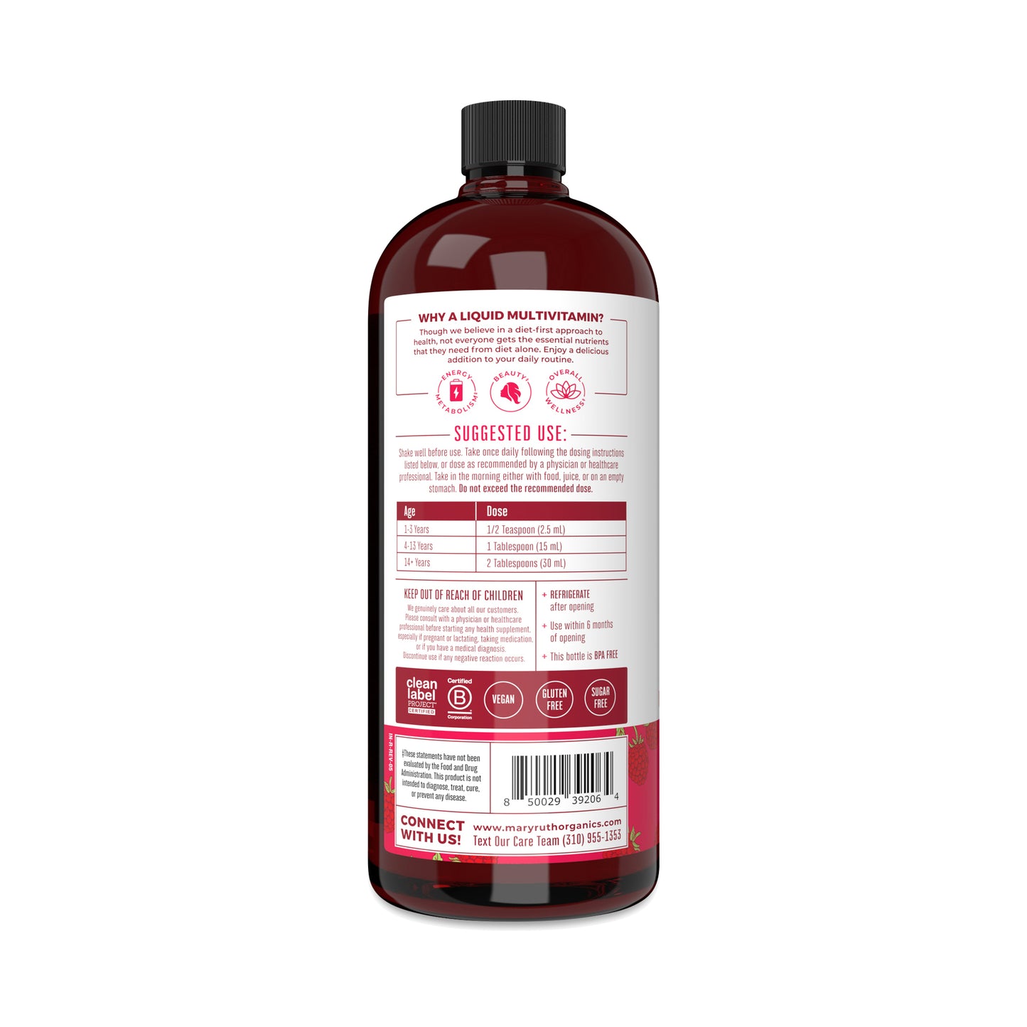 MARYRUTH'S Liquid Multivitamin for Women, Men & Kids | Broad Spectrum | Raspberry