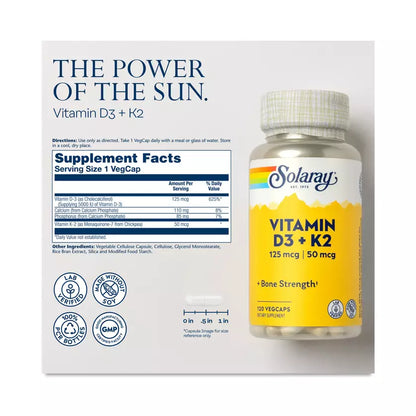 Solaray Vitamin D3 + K2 125 mcg (5000 IU) & 50 mcg MK-7, 120 VegCaps